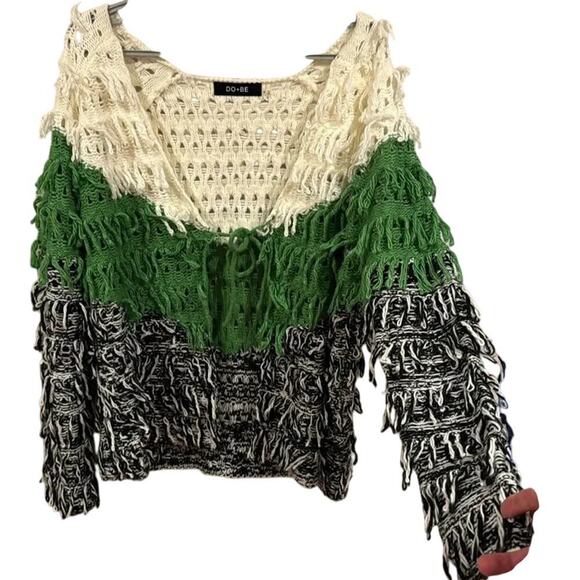 DO+BE Cardigan Sweater Color Block Grunge Oversized Looped Fringe Size Medium - Picture 3 of 8